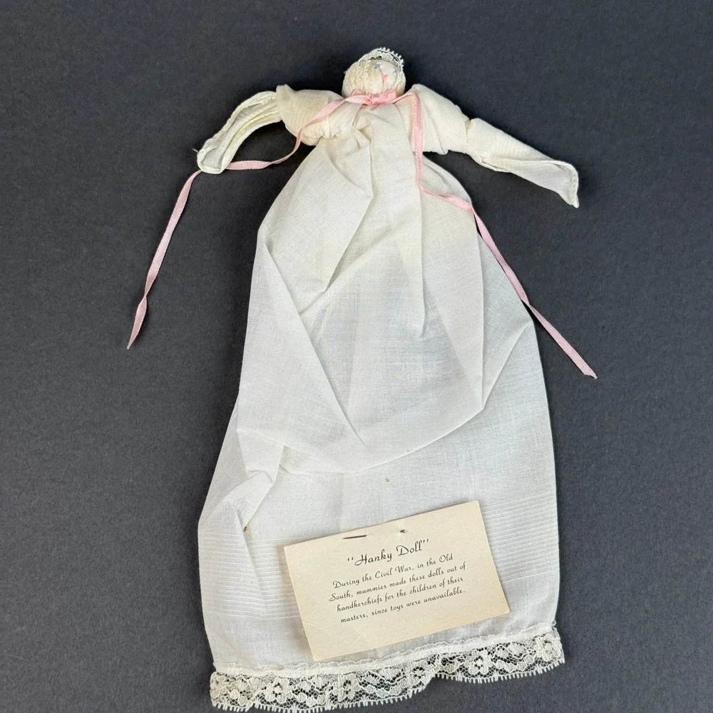 Vintage Hanky Doll Handmade Handkerchief Folk Art White Lace Pink Ribbon